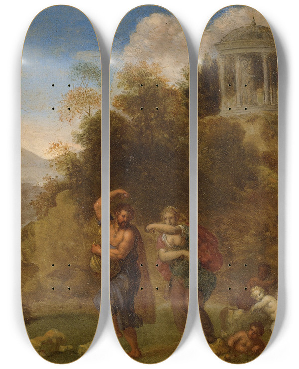 Triptych art skateboard deck of Daniel Vertangen Deucalion And Pyrrha by Daniel Vertangen (1598-1681)