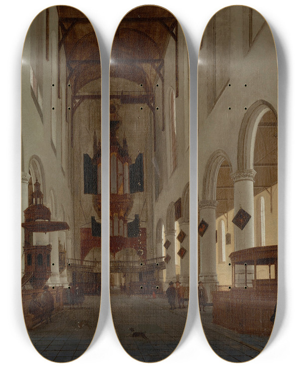 Triptych art skateboard deck of Hendrick Cornelisz Van Vliet An Interior Of The Oude Kerk Delft Looking West by Hendrick Cornelisz. van Vliet (1611-1675)