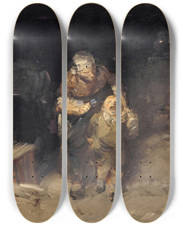 Triptych art skateboard deck of Wilhelm Busch Small But Stubborn by Wilhelm Busch (1832-1908)