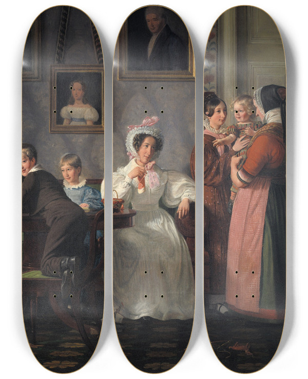 Triptych art skateboard deck of Wilhelm Marstrand The Waagepetersen Family by Wilhelm Marstrand (1810-1873)