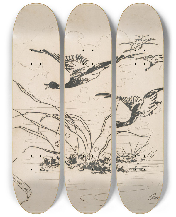 Triptych art skateboard deck of Flix Bracquemond Les Canards by Felix Bracquemond (1833-1914)