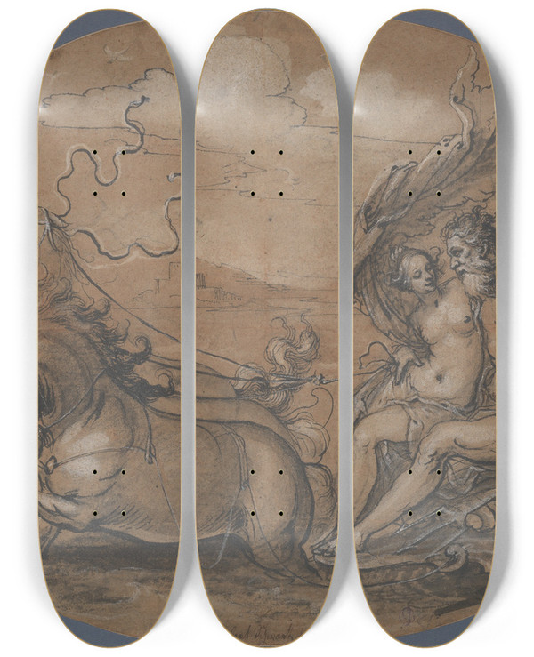 Triptych art skateboard deck of Hans Ulrich Franck Neptune And Amphitrite by Hans Ulrich Franck (1595-1675)