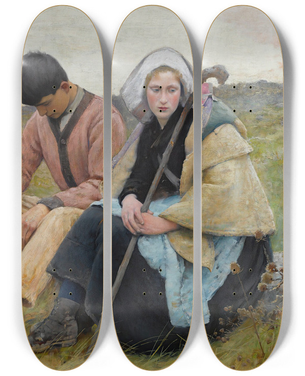 Triptych art skateboard deck of Charles Sprague Pearce Auverssuroise by Charles Sprague Pearce (1851-1914)