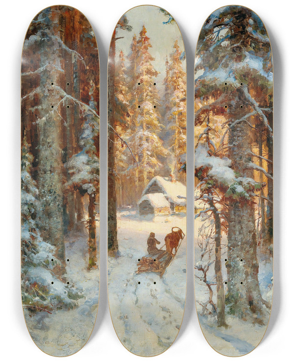 Triptych art skateboard deck of Julius Sergius Klever Woodcutters Returning Home by Julius Sergius Klever (1850-1924)
