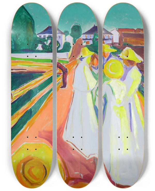 Triptych art skateboard deck of Edvard Munch The Women On The Bridge by Edvard Munch (1863-1944)