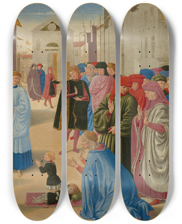 Triptych art skateboard deck of Benozzo Gozzoli Saint Zenobius Resuscitating A Dead Child by Benozzo Gozzoli (1421-1497)