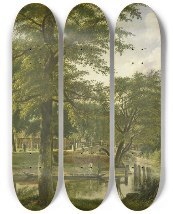 Triptych art skateboard deck of Wybrand Hendriks View Of The Nieuwe Gracht Near The Bolwerk Haarlem by Wybrand Hendriks (1744-1831)