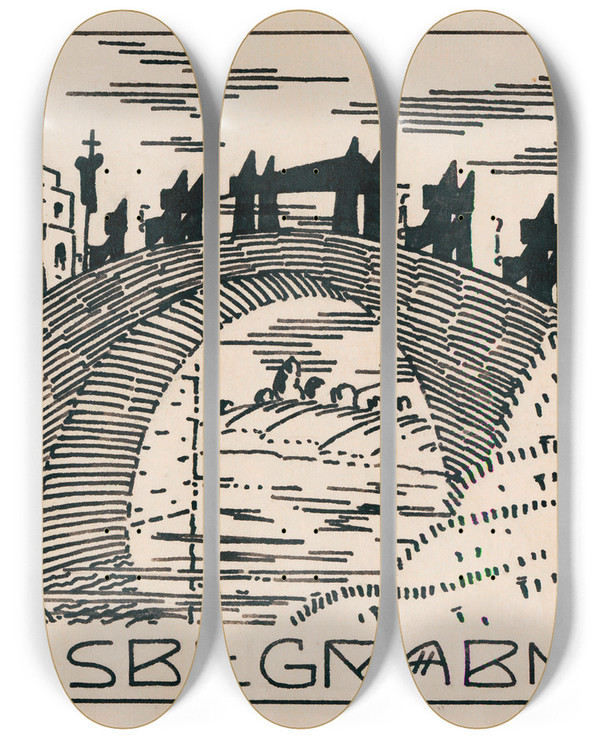 Triptych art skateboard deck of Karl Wiener Das Begrbnis by Karl Wiener (1901-1949)