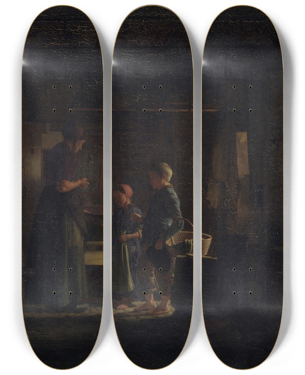 Triptych art skateboard deck of Frederik Vermehren To Tiggerbrn I Et Bondekkken by Frederik Vermehren (1823-1910)