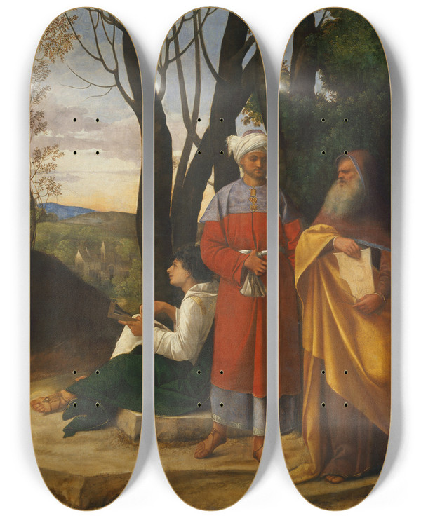 Triptych art skateboard deck of Giorgione Three Philosophers by Giorgione (1477-1510)