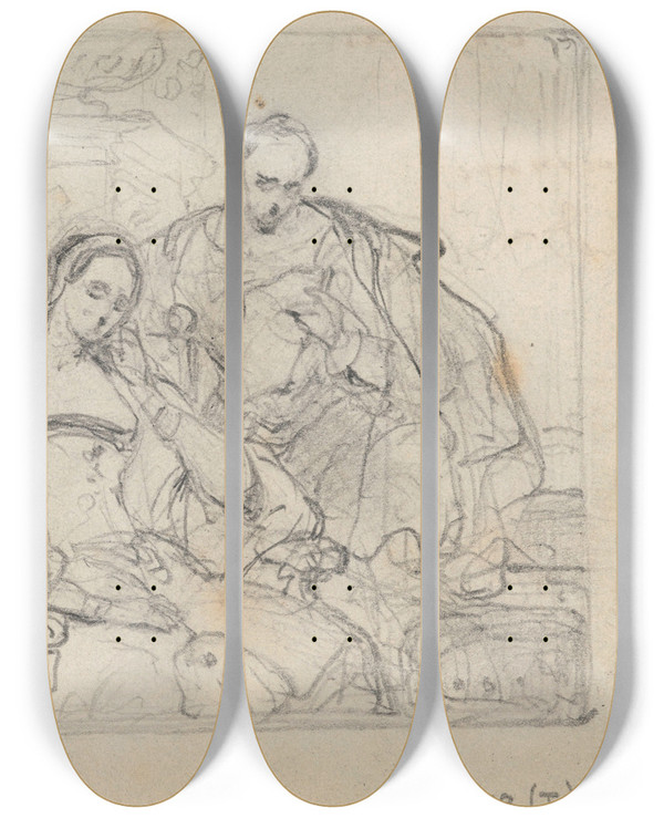 Triptych art skateboard deck of Nicaise De Keyser Torquato Tasso Reading A Poem From Jerusalem Delivered To Leonora Deste by Nicaise De Keyser (1813-1887)