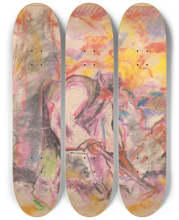 Triptych art skateboard deck of Zolo Palugyay Hoeing by Zolo Palugyay (1898-1935)