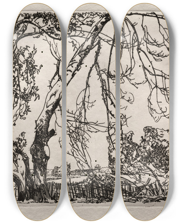 Triptych art skateboard deck of Frank Wilcox Apple Tree by Frank Wilcox (1887-1964)