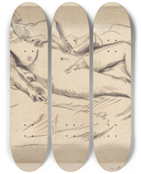 Triptych art skateboard deck of Lovis Corinth Sleeping Woman Schlafende by Lovis Corinth (1858-1925)