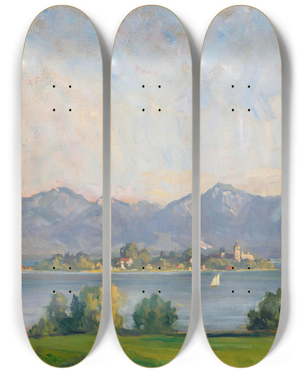 Triptych art skateboard deck of Paul Roloff Blick Auf Frauenchiemsee by Paul Roloff (1877-1951)