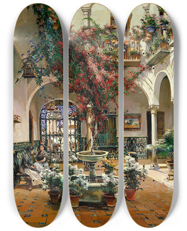 Triptych art skateboard deck of Manuel Garca Y Rodrguez Interior Courtyard Seville by Manuel Garcia Y Rodriguez (1863-1925)