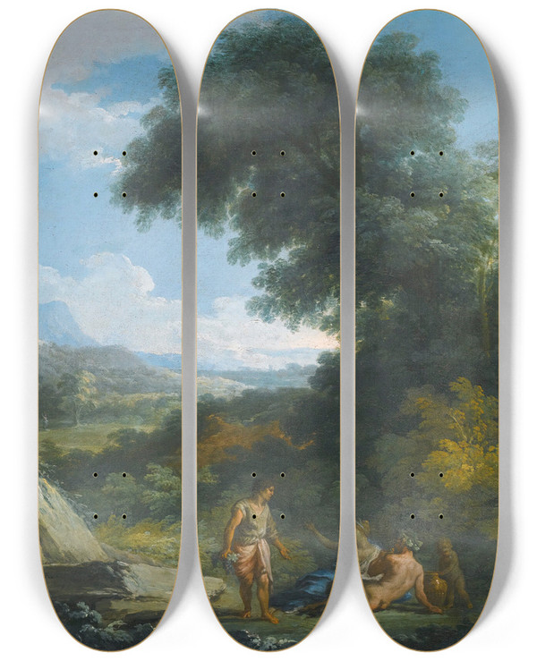Triptych art skateboard deck of Andrea Locatelli Afaun Anda Nymph Reclining In A Landscape by Andrea Locatelli (1695-1741)