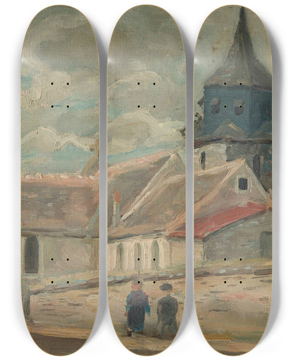 Triptych art skateboard deck of Tadeusz Makowski Small Village Church Breuilpont by Tadeusz Makowski (1882-1932)
