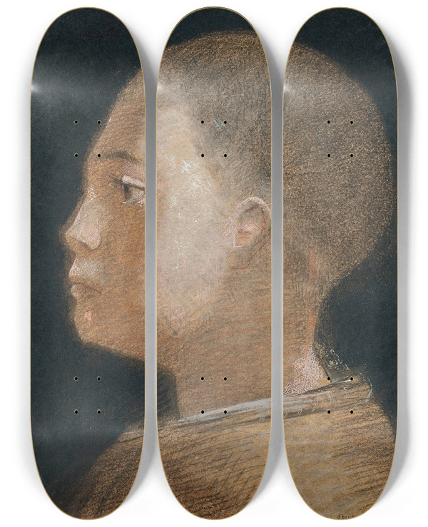 Triptych art skateboard deck of Odilon Redon Tte De Jeune Garon by Odilon Redon (1840-1916)