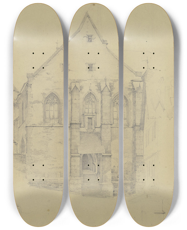 Triptych art skateboard deck of Jakob Frchtegott Dielmann Fassade Von St Martin In Lorch Am Rhein by Jakob Furchtegott Dielmann (1809-1885)