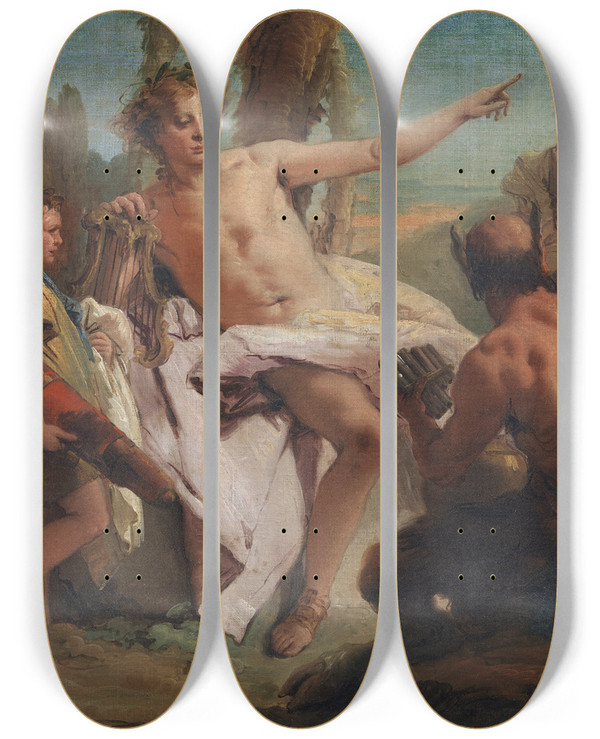 Triptych art skateboard deck of Giovanni Battista Tiepolo Apollo And Marsyas by Giovanni Battista Tiepolo (1696-1770)