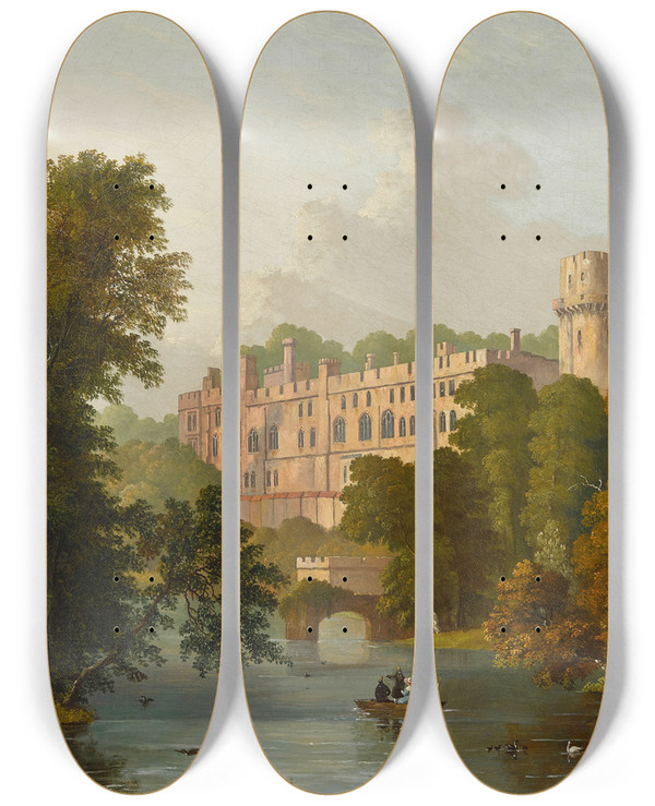Triptych art skateboard deck of William Westall A View Of Warwick Castle by William Westall