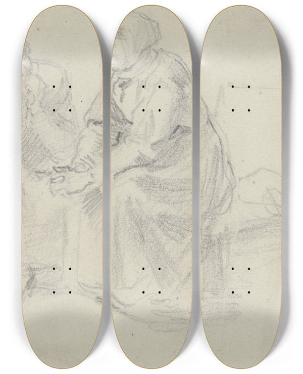 Triptych art skateboard deck of Anton Burger Zwei Bauersfrauen Im Gesprch by Anton Burger (1824-1905)