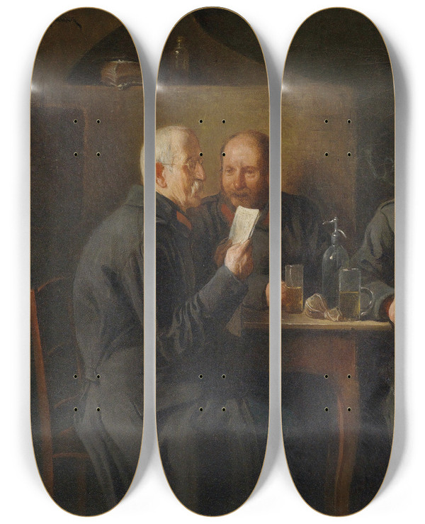Triptych art skateboard deck of Friedrich Friedlnder Veteranen Im Gesprch by Friedrich Friedlander (1825-1901)