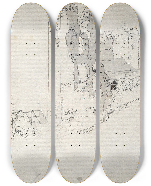 Triptych art skateboard deck of Caspar David Friedrich Ruins With The Roof Of A Farmhouse by Caspar David Friedrich (1774-1840)