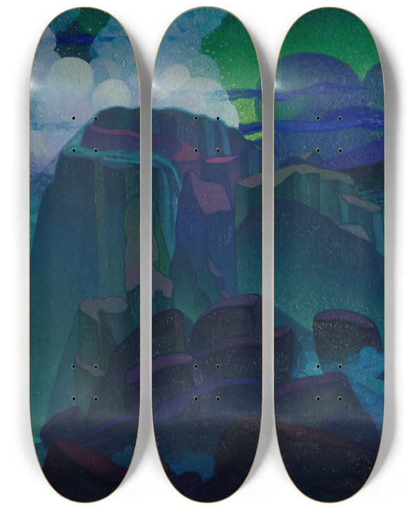 Triptych art skateboard deck of Raymond Jonson Rock At Sea by Raymond Jonson (1891-1982)