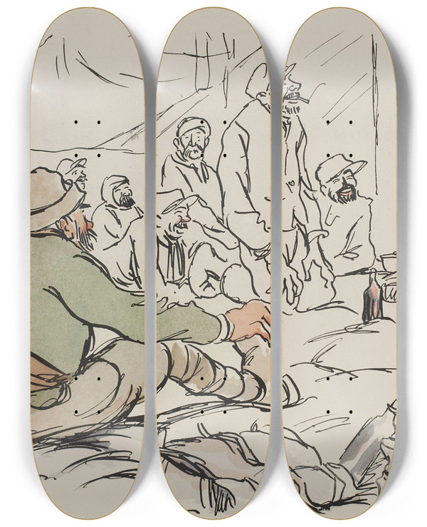 Triptych art skateboard deck of Georges Goursat Sem Les Territoriaux Au Repos by Georges Goursat (Sem) (1863-1934)