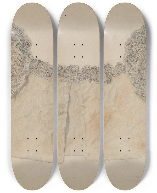 Triptych art skateboard deck of Andrew Topolosky Under Bodice by Andrew Topolosky
