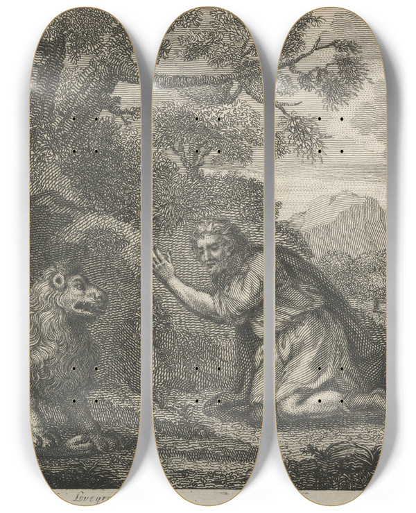 Triptych art skateboard deck of John Wootton Fable I The Lion The Tiger And The Traveller by John Wootton (1686-1765)