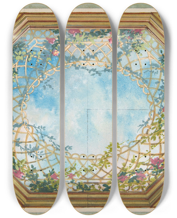 Triptych art skateboard deck of Julesedmondcharles Lachaise Design For A Ceiling Painted With Clouds Trellises And Roses by Jules-Edmond-Charles Lachaise (1897)