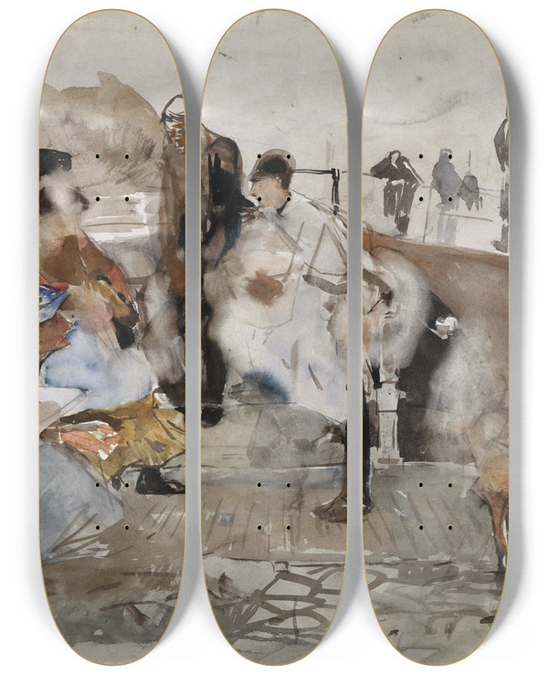 Triptych art skateboard deck of George Hendrik Breitner Gezelschap Op Een Boot_1 by George Hendrik Breitner (1857-1923)