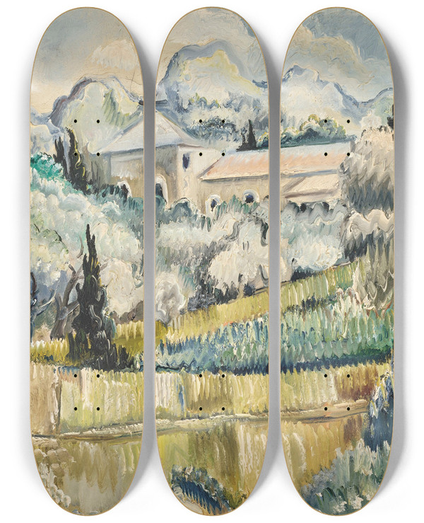 Triptych art skateboard deck of Paul Kleinschmidt Landschaft In Sdfrankreich by Paul Kleinschmidt (1883-1949)