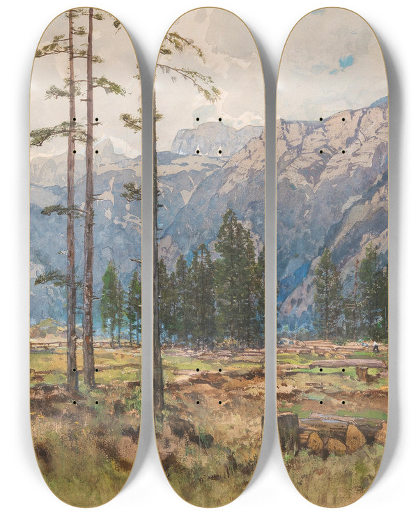 Triptych art skateboard deck of Fritz Lach A View Of Hochschwab Mountain by Fritz Lach (1868-1933)