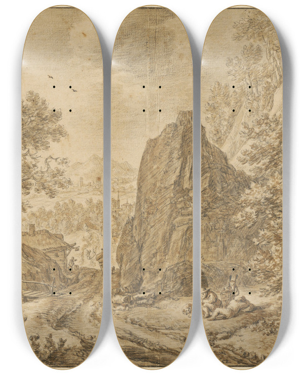 Triptych art skateboard deck of Herman Saftleven Mountain Landscape With Figures by Herman Saftleven (1609-1685)