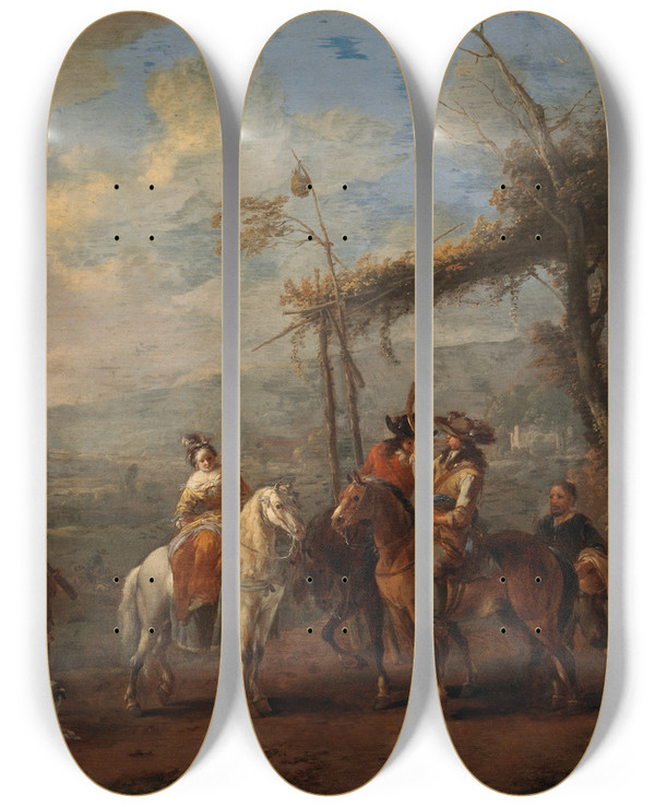 Triptych art skateboard deck of Johannes Lingelbach A Hunting Party by Johannes Lingelbach (1622-1674)