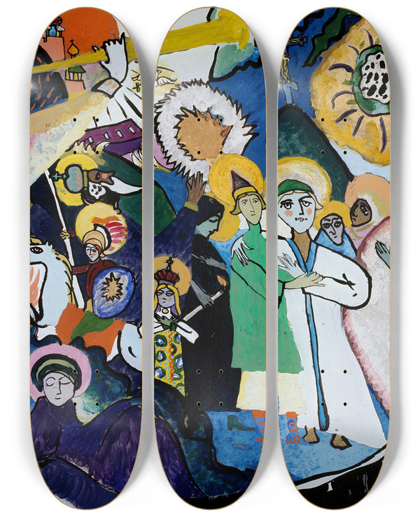 Triptych art skateboard deck of Wassily Kandinsky All Saints Day I by Wassily Kandinsky (1866-1944)