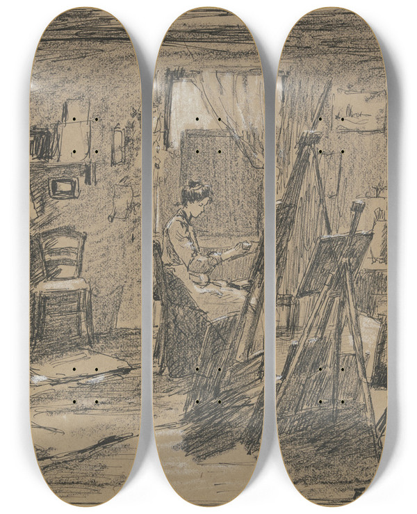 Triptych art skateboard deck of Ferdinand Balzer In The Studio by Ferdinand Balzer (1872-1916)