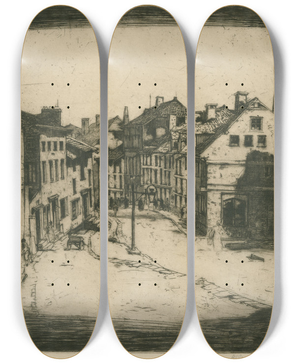 Triptych art skateboard deck of David Young Cameron Old La Roche by David Young Cameron (1865-1945)