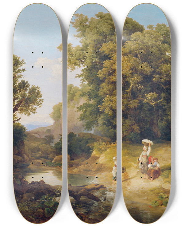 Triptych art skateboard deck of Kroly Mark Ideale Landschaft Italienische Landschaft by Karoly Marko (1791-1860)