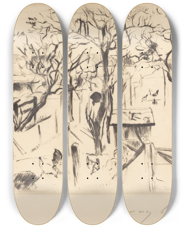 Triptych art skateboard deck of Lovis Corinth Fruit Garden In Autumn Obstgarten Im Herbst by Lovis Corinth (1858-1925)