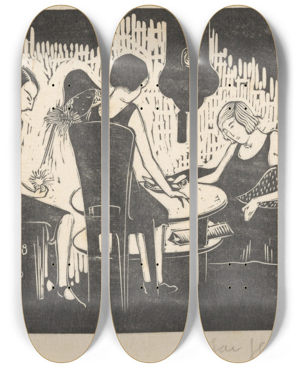 Triptych art skateboard deck of Jac Jongert Vier Vrouwen Zittend Aan Een Tafel by Jac Jongert (1883-1942)