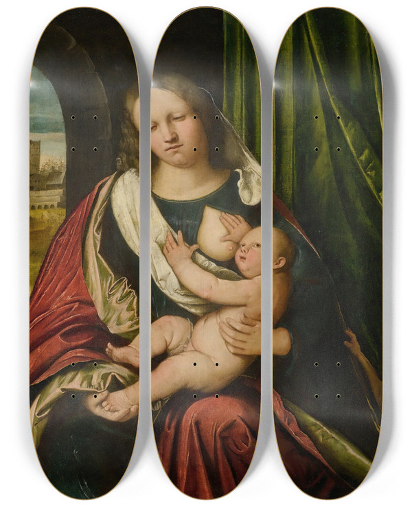 Triptych art skateboard deck of Altobello Melone Madonna And Child With The Infant Saint John by Altobello Melone (1485-1543)
