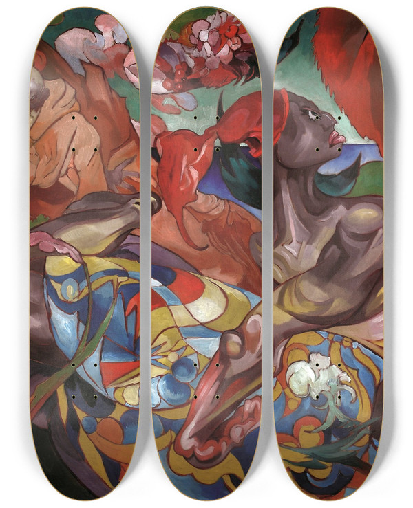 Triptych art skateboard deck of Stanisaw Ignacy Witkiewicz Visiting A Maharaja by Stanislaw Ignacy Witkiewicz (1885-1939)