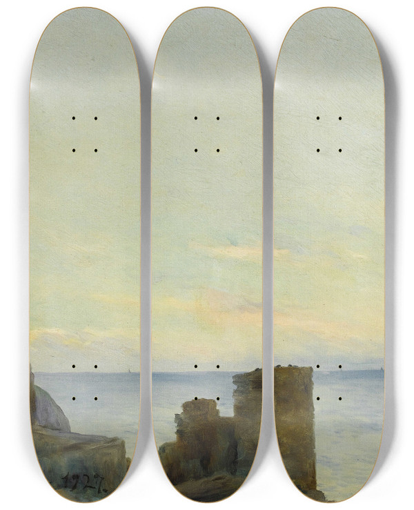 Triptych art skateboard deck of Luis Graner I Arrufi Seascape With Ruins by Luis Graner I Arrufi (1863-1929)
