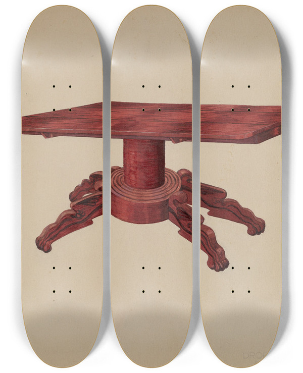Triptych art skateboard deck of Edward A Darby Dropleaf Table by Edward A Darby