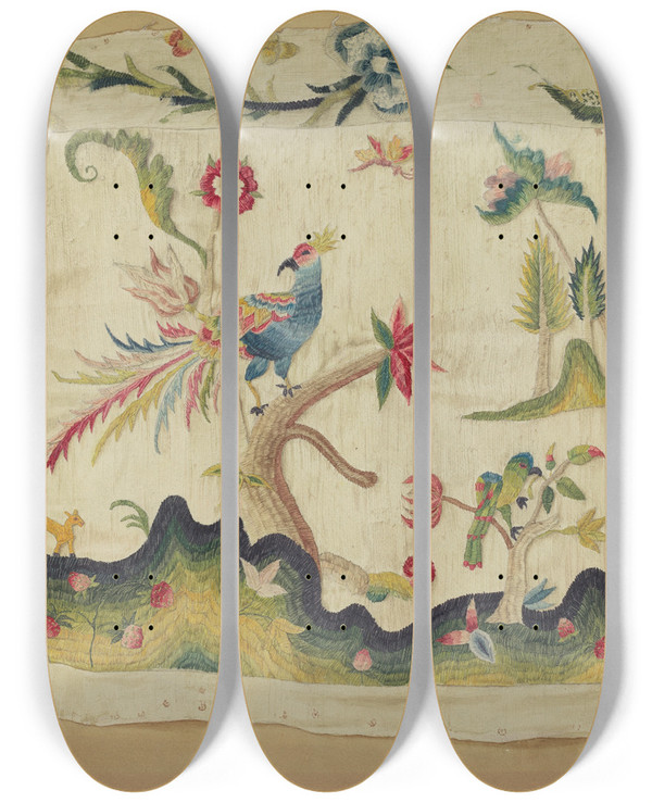 Triptych art skateboard deck of Phyllis Dorr Crewel Embroidered Chair Seat by Phyllis Dorr